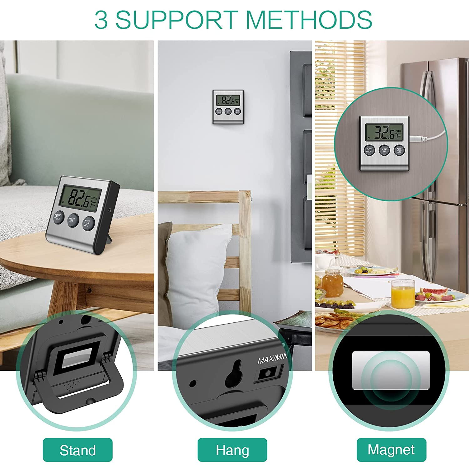 ORIA Digital Refrigerator Thermometer, Fridge Thermometer with High Low Temperature Alarm, Memory Function, Battery Operated - Black image number 3