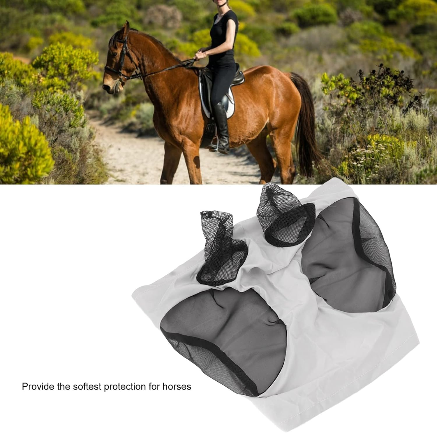 Breathable Horse Mesh Fly Mask with Ears, Elastic Equestrian Face Mask for Horses, Sunlight Protection & Fly Protector (Gray) image number 4