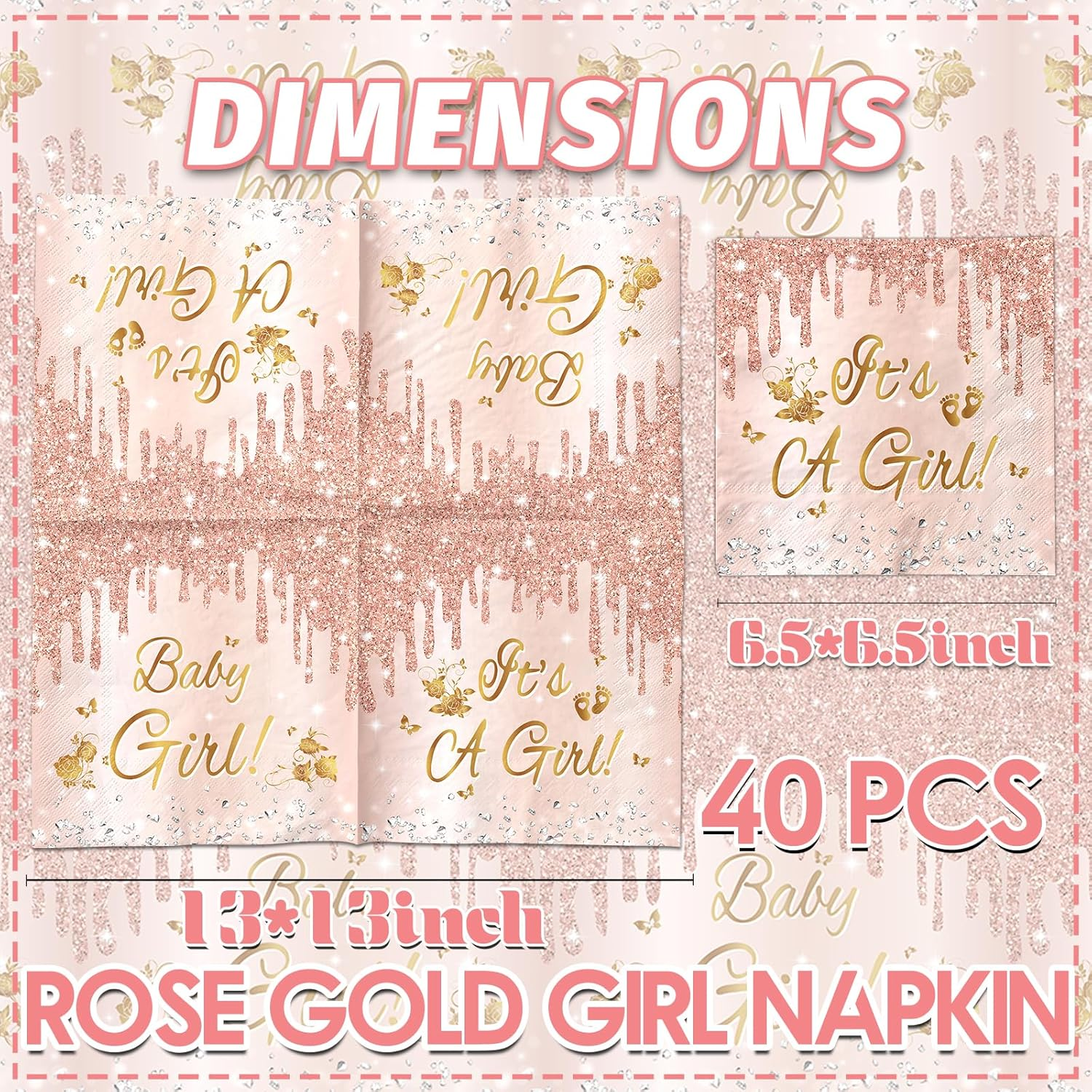 Juweked 40Pcs Pink and Gold Baby Shower Napkins for Girl It'S a Girl Napkins Baby Shower Tableware Girl Baby Girl Shower Napkins Gender Reveal Napkins Pink Baby Shower Decorations image number 2