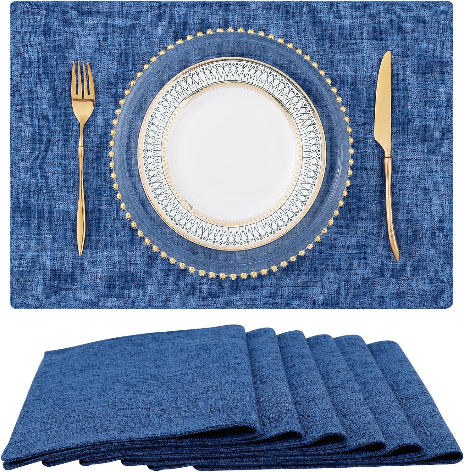 Homing Navy Blue Cotton Linen Blend Placemats for Dining Table Set of 6 &ndash; Washable Farmhouse Kitchen Mats for Indoors & Outdoors, Easy to Clean, 13 X 19 Inch