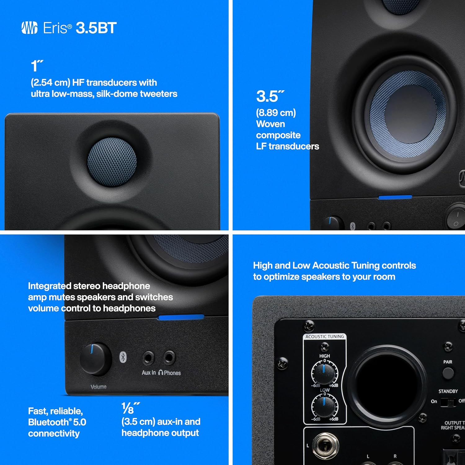 Presonus Eris 3.5BT Bluetooth Studio Monitors, Pair &mdash; Powered, Active Monitor Speakers for Desktop, Turntable, Record Player, Bookshelf, DJ Speakers image number 3