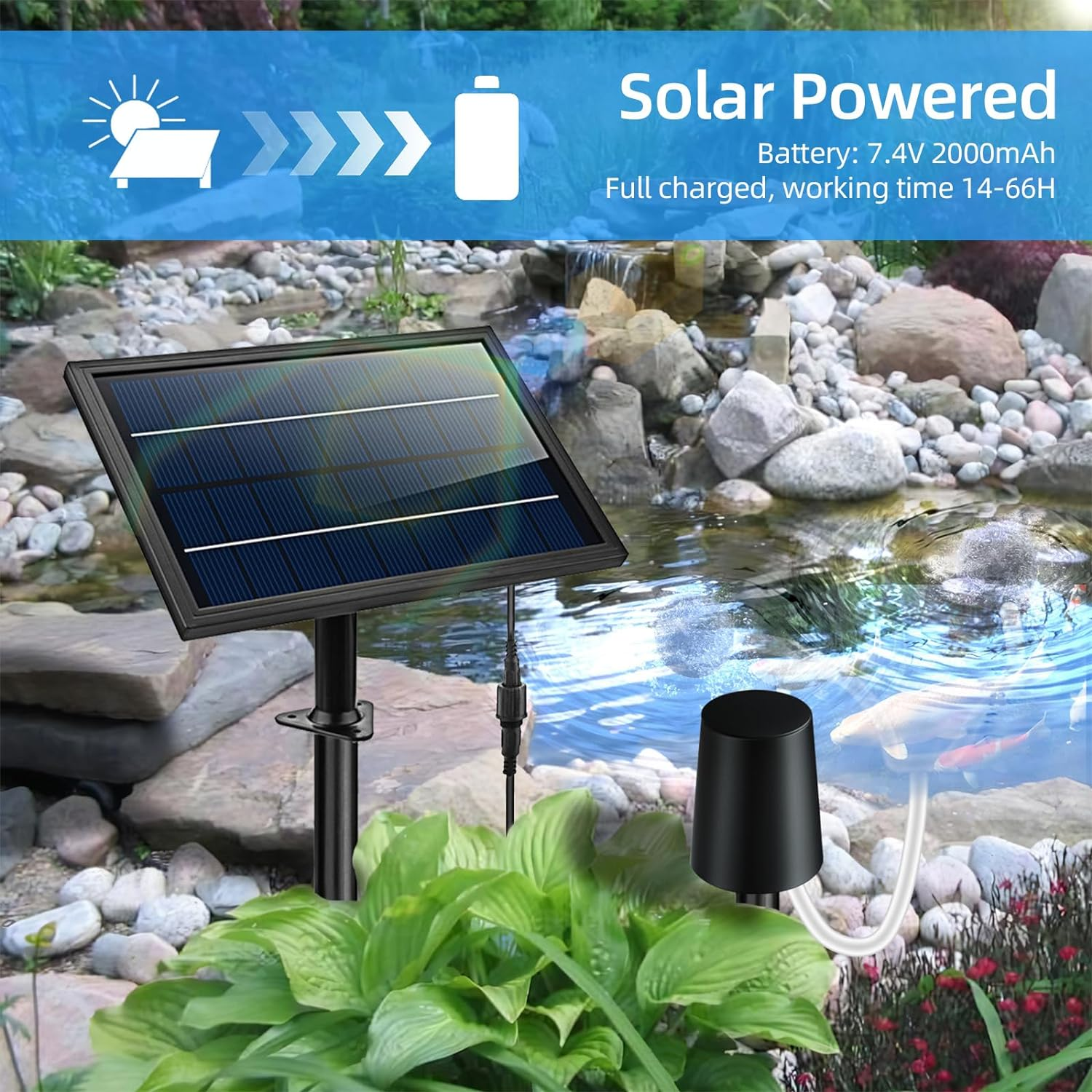 ACAGALA Solar Powered Air Pump Kit 10V 8W Solar Panel Air Pump with Pipe Air Stones 3 Working Modes Waterproof Solar Pond Aerator Oxygenator for Garden Fish Tank Pool Fishing Pond image number 2