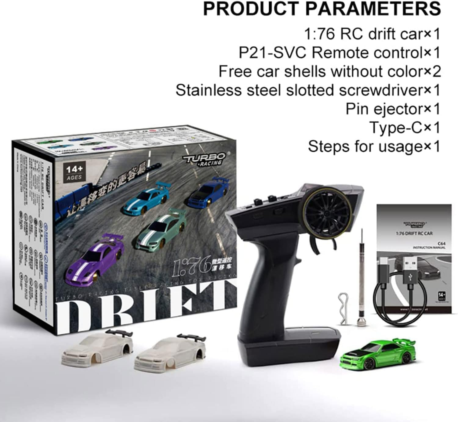 Turbo Racing 1:76 Mini Drift RC Car, C64, with Gyroscope, 1/76 Full Scale RTR, 2.4GHZ RC Car, with 2 Replaceable Body Shells (Green) image number 2