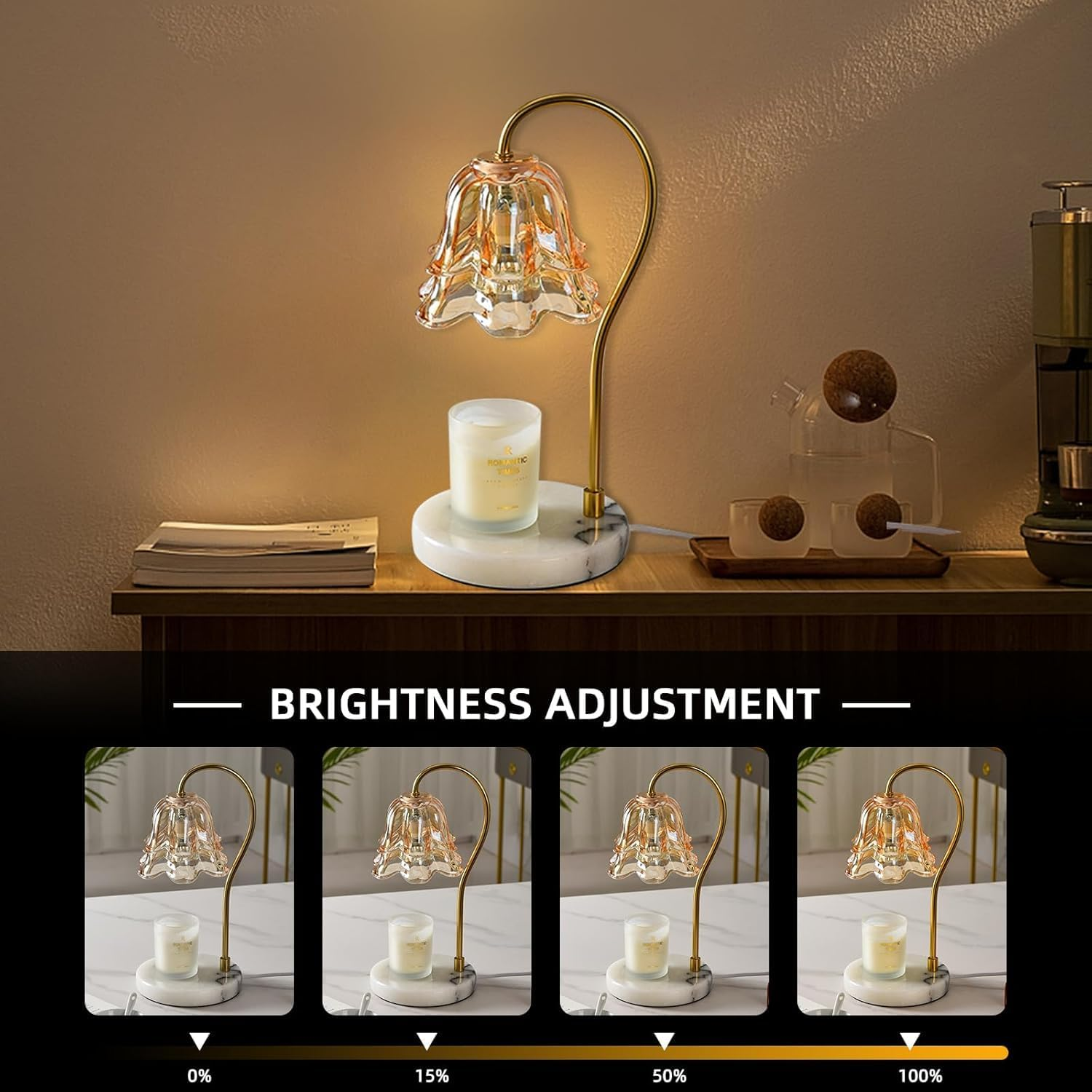 Candle Warmer Lamp, Flower Glass Candle Warmer Light, Dimmable Table Lamp, Vintage Candle Lamp with Marble Base, for Women, Mom, Female Friend, Romantic Vintage Style Gifts (Amber) - White image number 2