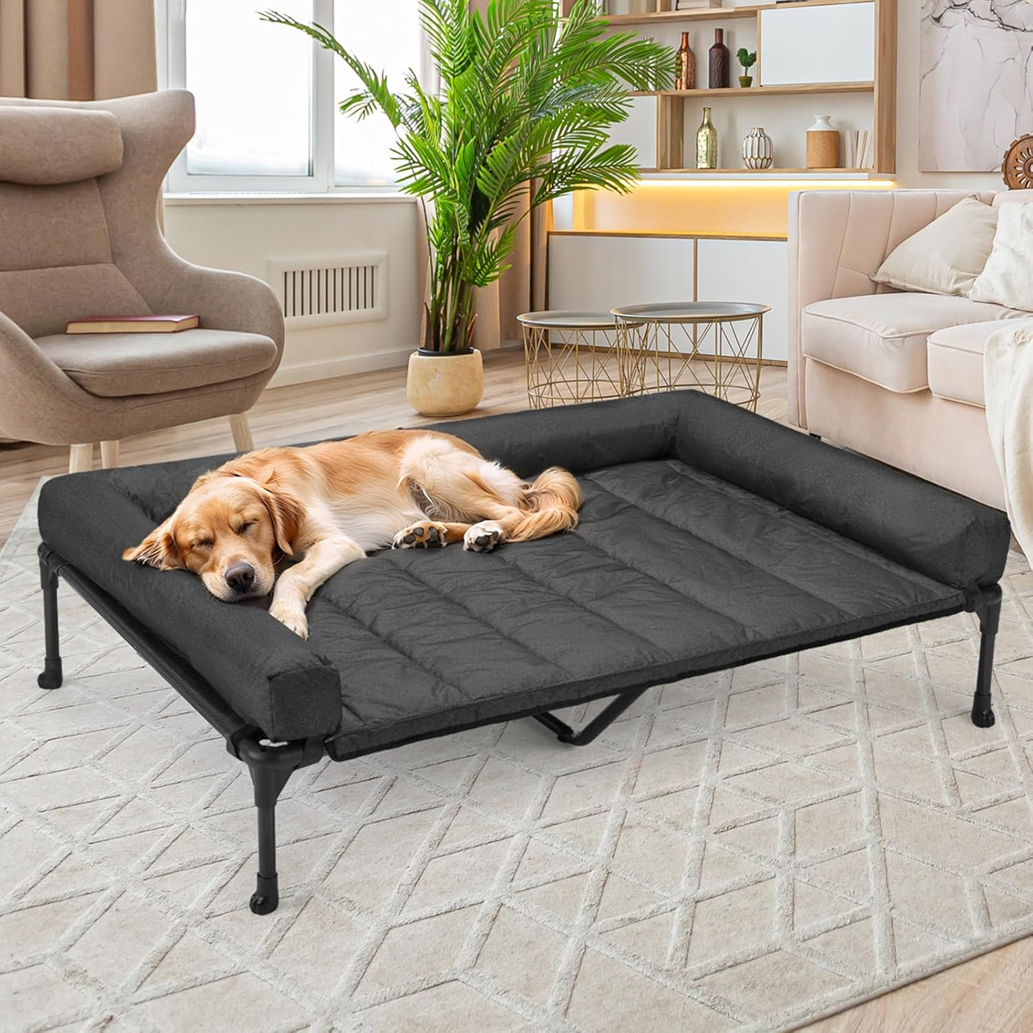 Veehoo Cooling Elevated Dog Bed Add Removable Waterproof Bolster Cushion Mat, Raised Pet Cot with Breathable Teslin Mesh, No-Slip Feet, Dog Sofa Bed for Indoor Outdoor, Xxlarge, Black CWC2331B