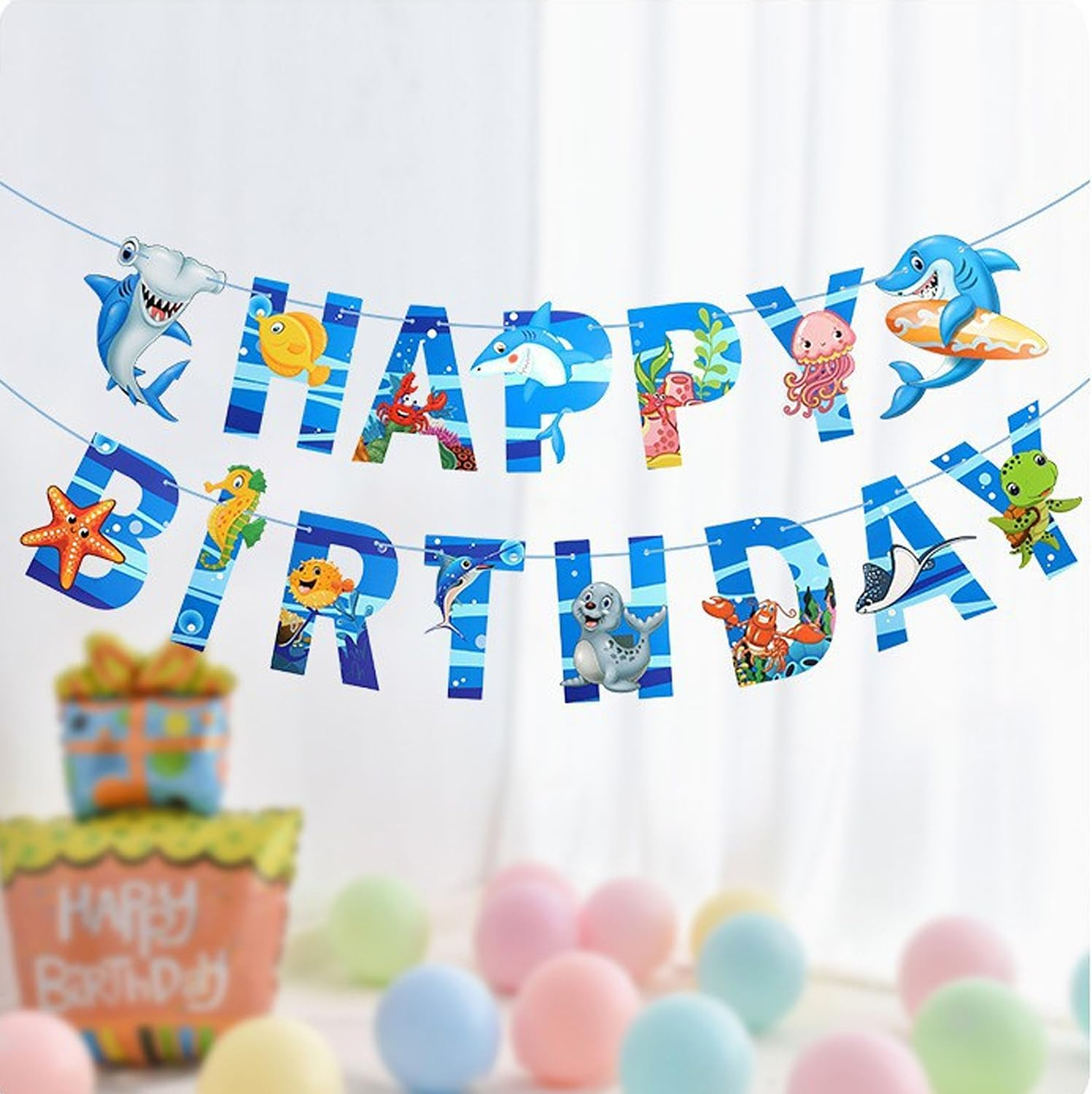 Ocean Theme Happy Birthday Decorations,Underwater World Banner 15 PCS Galaxy Party Sign, Birthday Party Decorations，Ocean Theme Decorations, Underwater World Party Supplies.