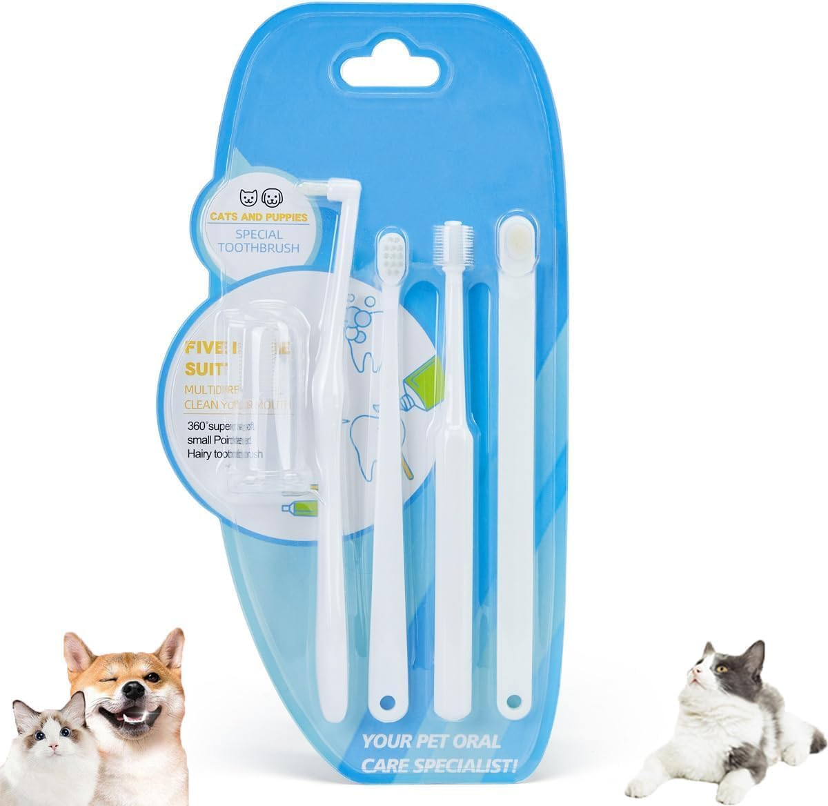 Dog and Cat Toothbrush Kit,Pet Dog Dental Care Dental Cleaning Kit,Set of 5 Multi-Functional Pet Dental Oral Care Kit,Extra Soft Dog Toothbrushes,Perfect for Puppy Small Dog Cat