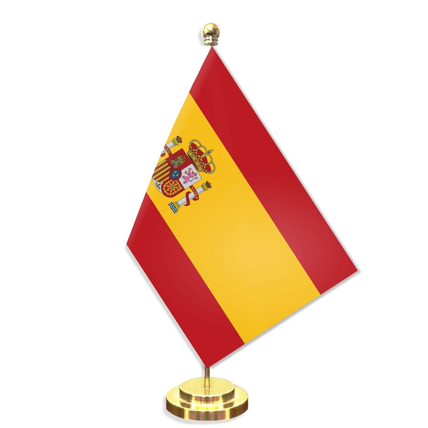 Spain Desk Small Flag Set,5&times;8 Inch Mini Spanish Desktop Banner,12" Metal Solid Pole Decor,Tiny Digital Printed Polyester Banner with Golden Base image number 1