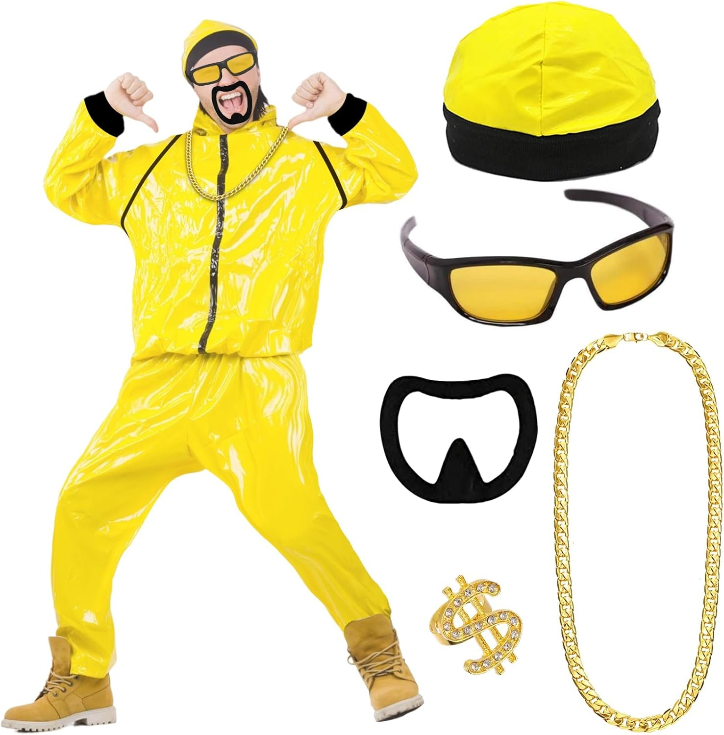 90S Rapper Celebrity Costume Set, Fancy Dress Accessories Kit with Black & Yellow Shell Suit, Hat, Black Goatee, Sunglasses, Gold Chain, Ring Hip Hop Outfit for Adults Halloween Stag Do Party image number 1