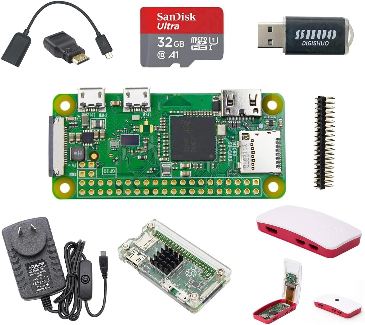 DIGISHUO Raspberry Pi Zero WH Complete Kit 1Ghz 512M Wtih Two Case 32G Sandisk Card Mini Hdmi&Micro USB&GPIO Header (Raspberry Pi Zero WH 8 in 1 Kit)