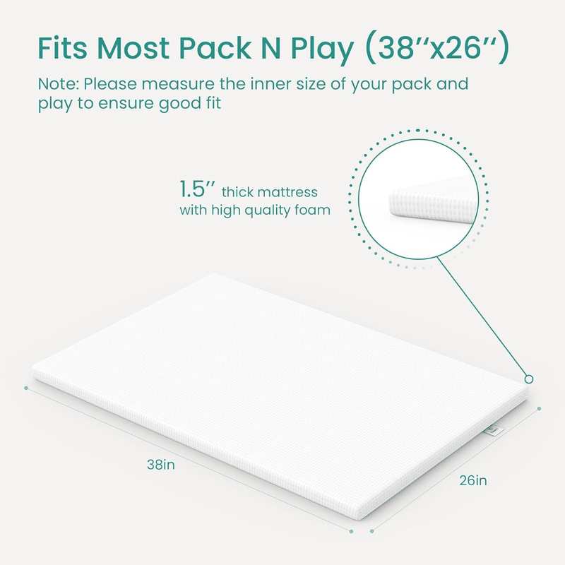 Baby Cot Mattress 38''X26''X1.5'', Waterproof Pack and Play Mattress with Removable Zipper Cover and Carrying Bag, Portable Crib Mat, Memory Foam Pad, for Playpens, Portacot image number 4
