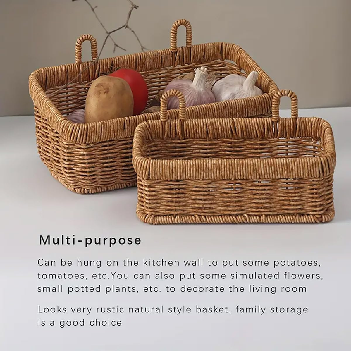 AIMALL Multi-Purpose Plastic Rattan Hanging Storage Basket, Versatile for Kitchen Garlic, Onion Storage and Living Room Decor, Sturdy Iron Frame Weave, Small/Large - No Assembly Required image number 4