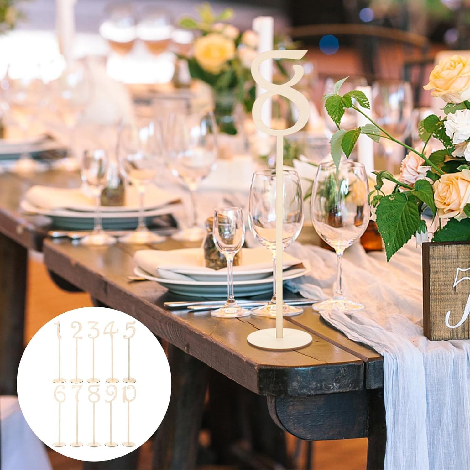 1-10 Wedding Table Numbers 13" Tall Wooden Table Numbers Tabletop Signs for Wedding, Party, Home Decoration, Rustic Receptions, Banquets, Caf&eacute;s, Restaurants, Hotels. Wood image number 2