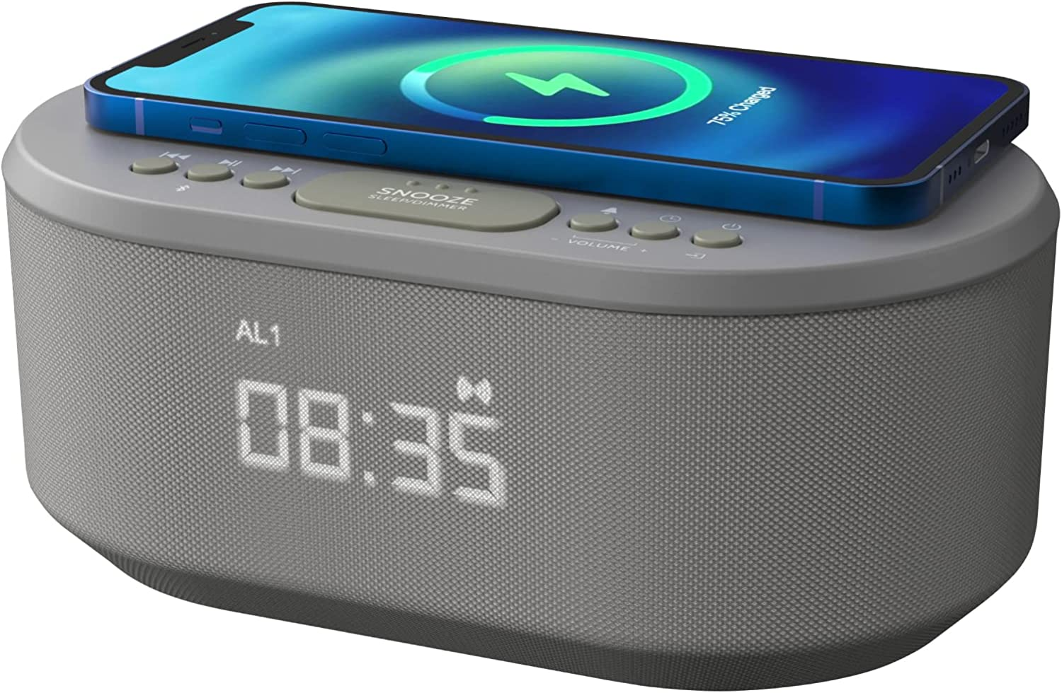 I-Box Bedside Wireless Charging Non Ticking Radio Alarm Clock with Dimmable LED Display - Mains Powered Dual Alarm Clock with USB Charger and Bluetooth Speaker, Grey image number 4