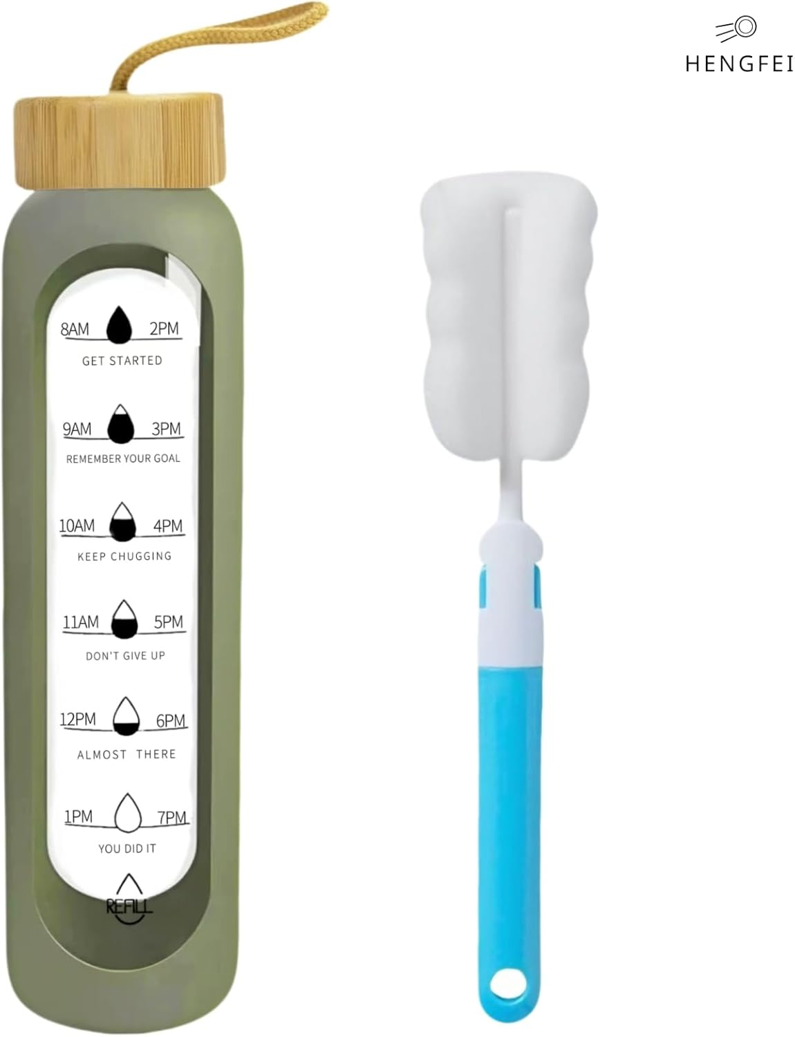 1Litre Glass Drink Bottle with Silicone Sleeve, Borosilicate Glass Water Bottle with Time Markings and Bamboo Lid, Wide Mouth (Army Green Silicone Sleeve, 1000Ml)