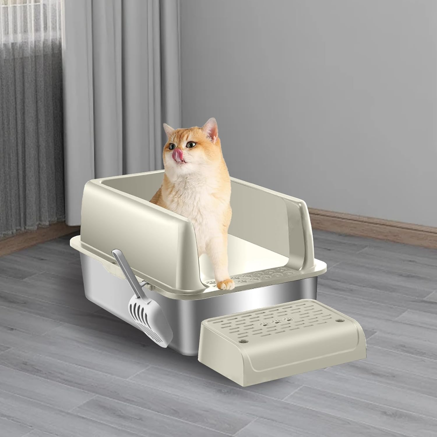 Menbyci Stainless Steel Cat Litter Box with Lid Footboard,Metal Extra Large Litter Box Self Cleaning,High Side Enclosure Cat Litter Tray for Big Kitty,Cat Scooper for Litter Boxes,24X16X12In (Khaki) image number 4