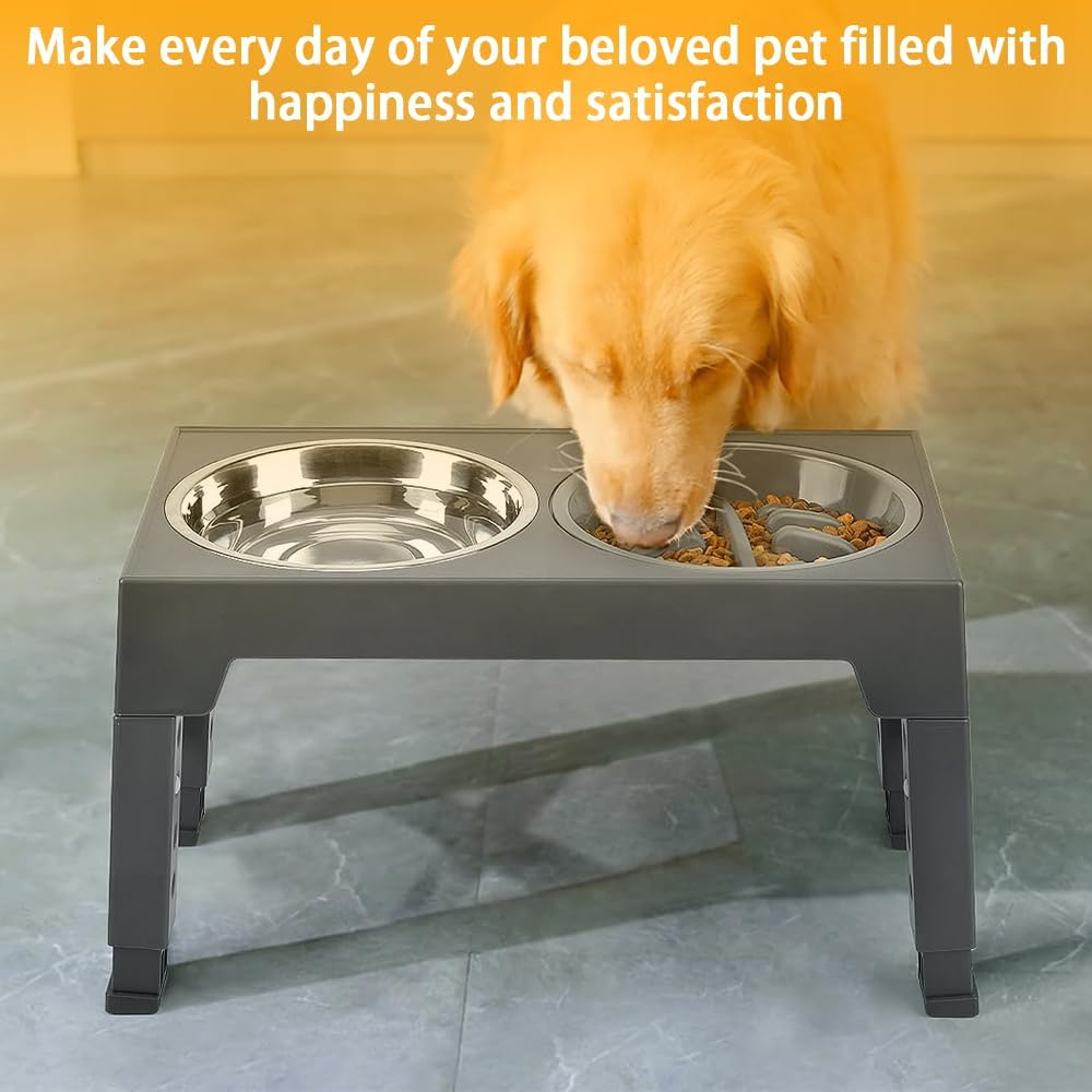 Elevated Dog Bowls for Large Dogs, Raised Dog Bowl Stand with Slow Feeder Bowl & 2 Stainless Steel Dog Food Bowls, 5 Heights Adjustable for Small Medium Large Dogs and Pets