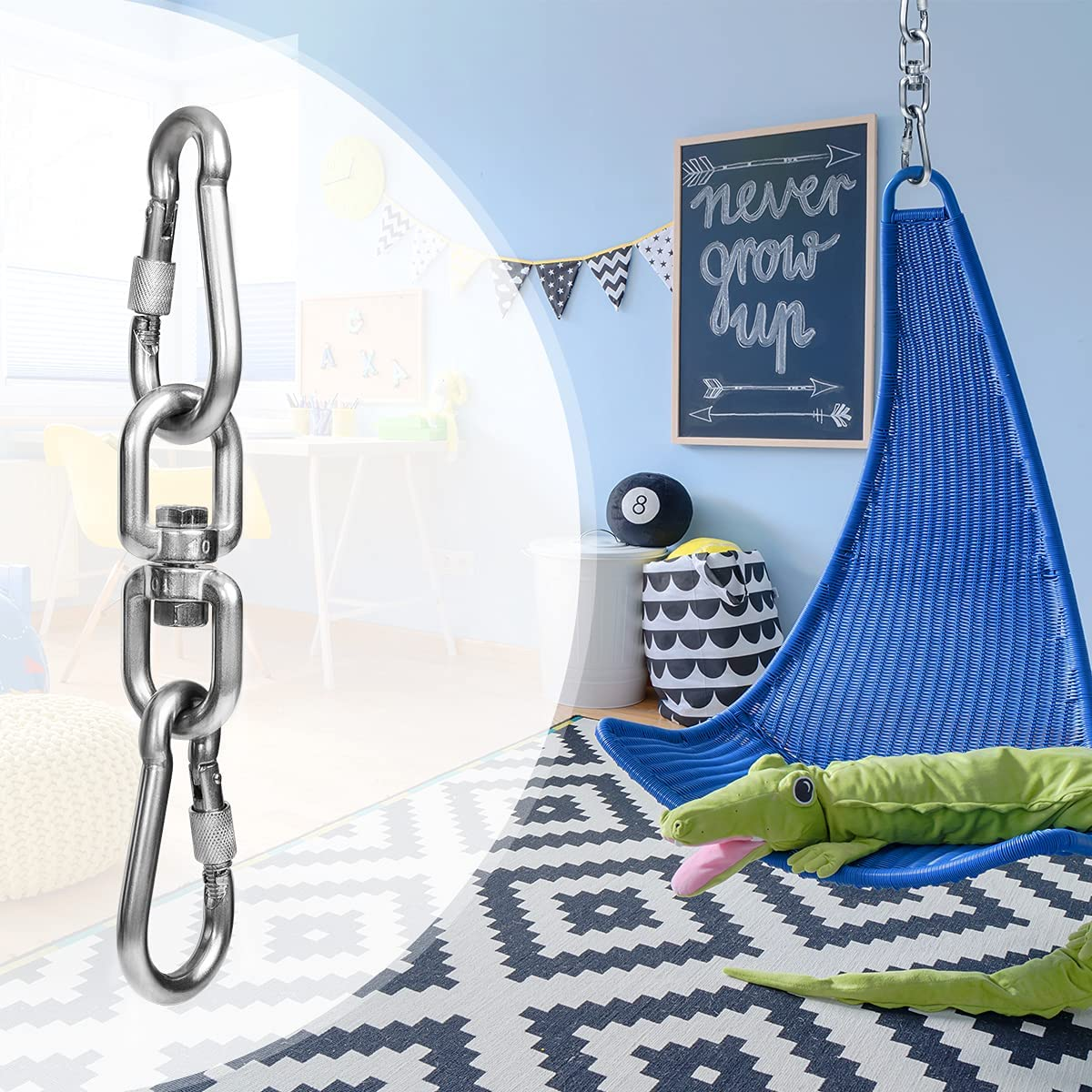 2+1 Heavy Duty 304 Stainless Steel Swivel Ring Double Ended Swivel Eye Hook with SUS304 Snap Hooks for Web Tree Swing, Therapy Swing, Aerial Dance, Swing Spinner Hanger, Reliable and Safe (M6) image number 1