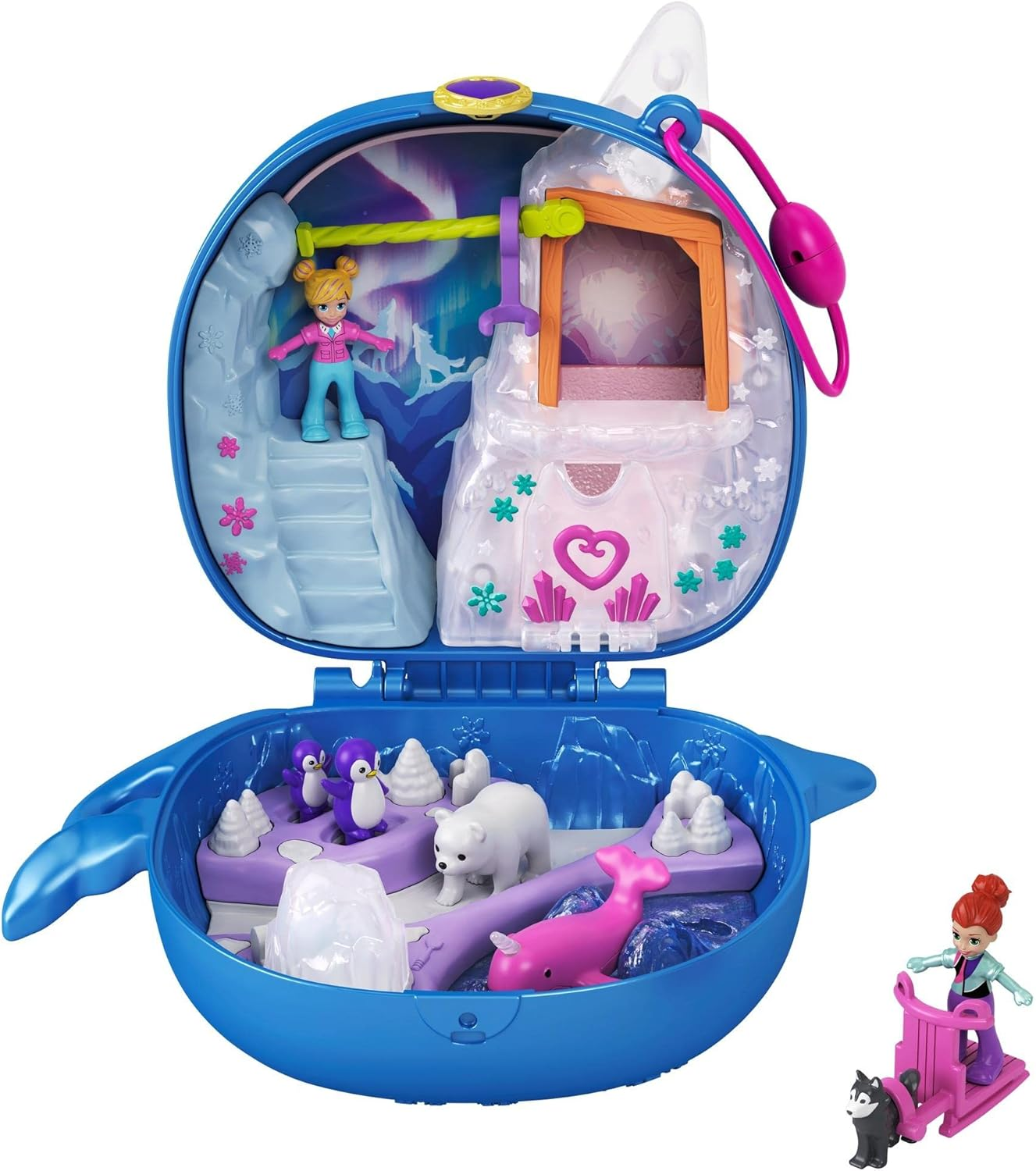 Polly Pocket Freezin' Fun Narwhal Compact with Fun Reveals, Micro Polly, Lila Dolls, Husky Dog & Sled, Polar Bear Figure & Sticker Sheet; 4 Y+, GKJ52 image number 1