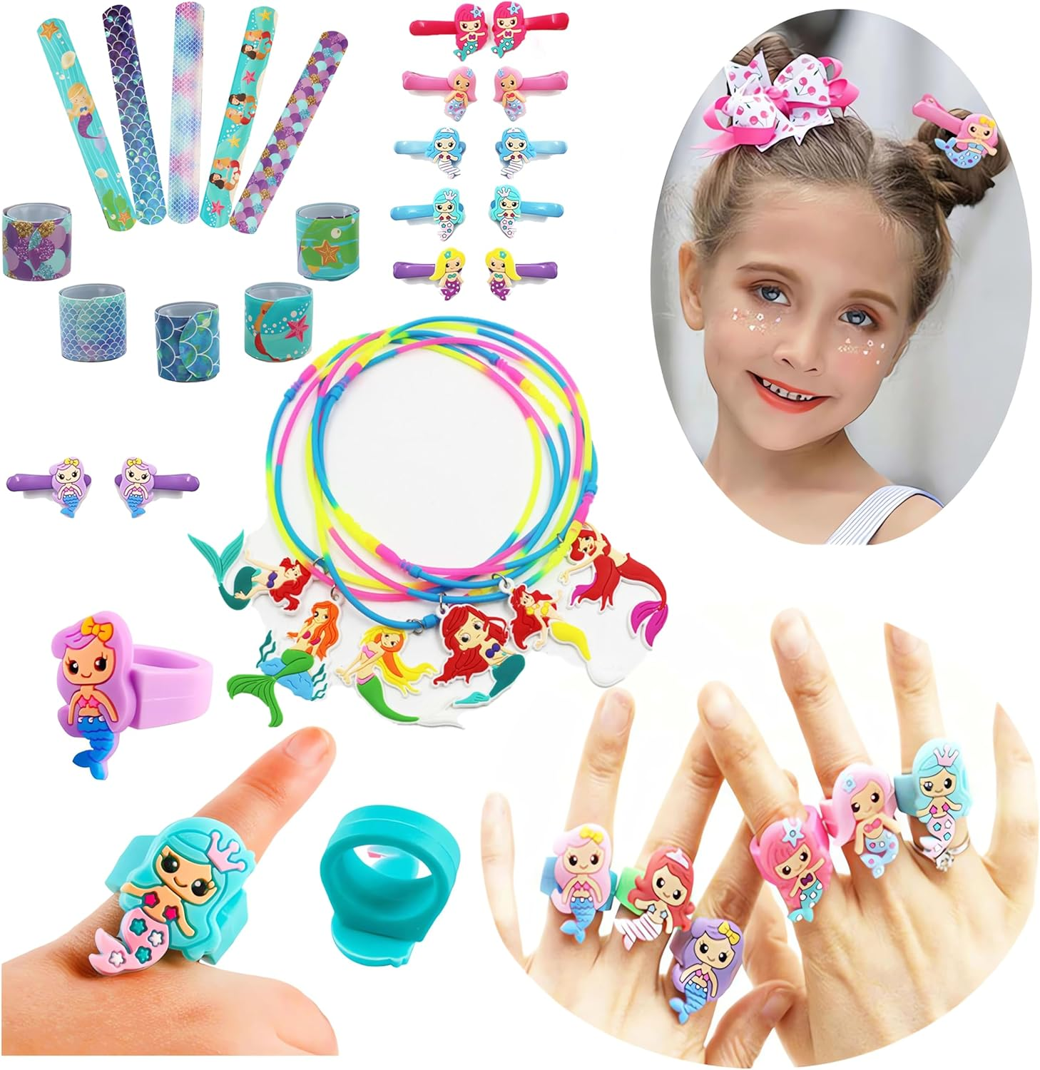 74Pcs Mermaid Party Favors Kit, Party Gifts for Children Birthday, Mermaid Slap Bracelets Necklace Bags Rings Hair Clips Etc - for Girls Party Birthday Return Gift Prizes Box image number 5