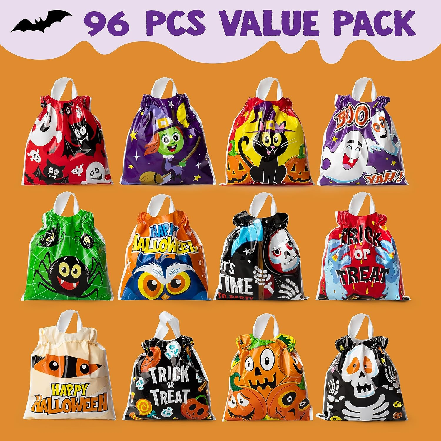 JOYIN 96 Pcs Halloween Drawstring Treat Bags for Trick-Or-Treating, 6"X6" Halloween Goodie Candy Bags, Classroom Party Favor Supplies image number 2