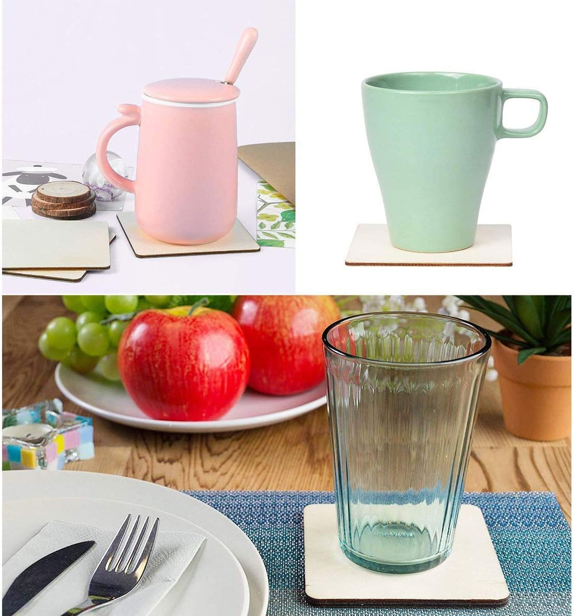 Unfinished Wood Pieces 50 Pcs 4X4 Inch Wooden Cutout Tiles Blank Wood Slices Wooden Squares for DIY Crafts Home Decoration Painting Staining Unfinished Wood Cup Coasters image number 2