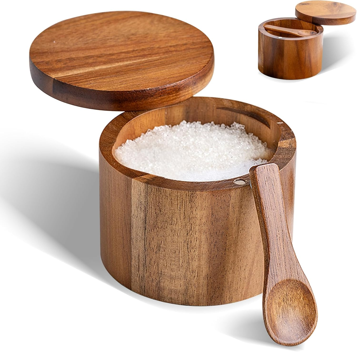 Wood Salt Shaker, Salt Pig with Built-In Spoon to Prevent Dust. Salt Cellar with Swivel Magnetic Lid. Practical Spice Jars for the Kitchen. 6Oz image number 1
