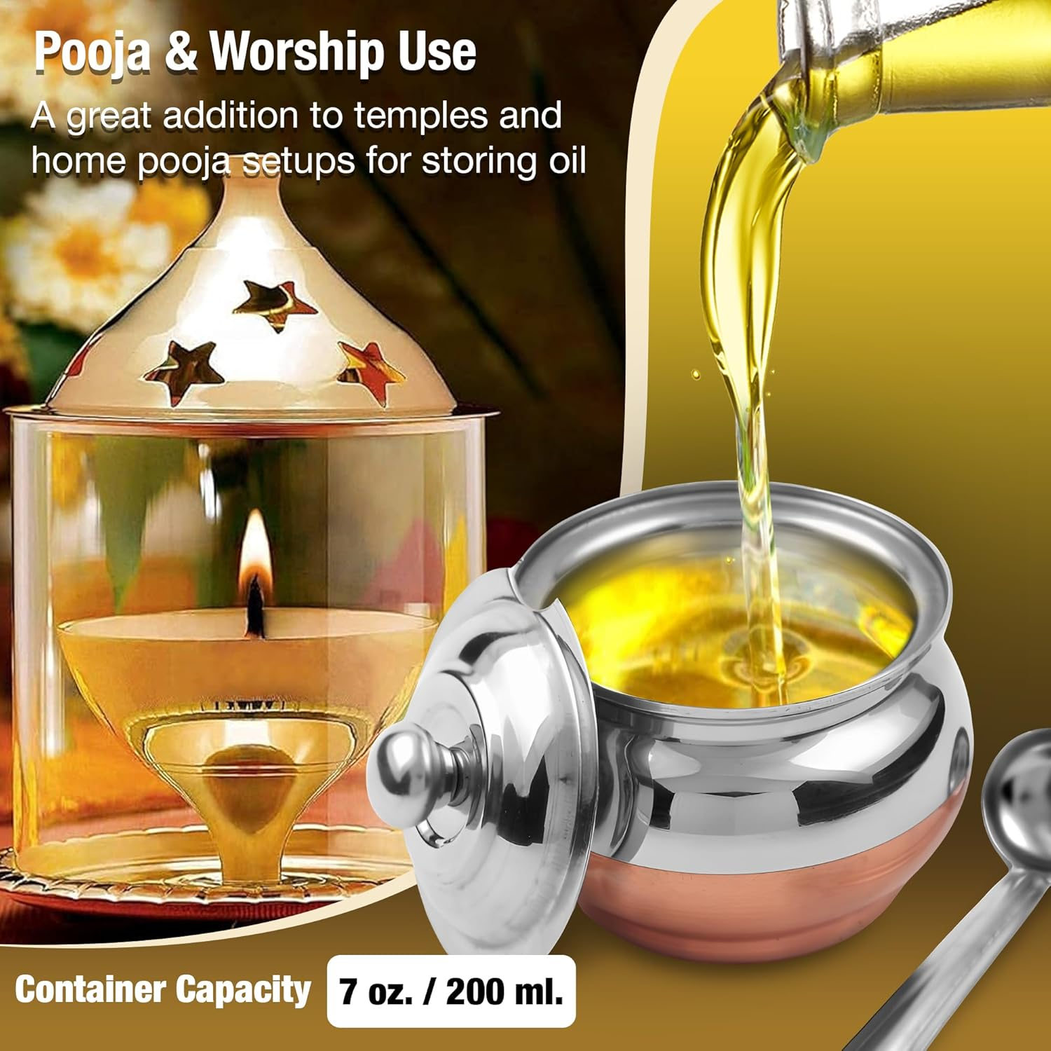 Copper Coated Stainless Steel Ghee Pot with Spoon | Ghee Container for Kitchen | Premium Oil Container with Lid for Pooja Items, 200 ML