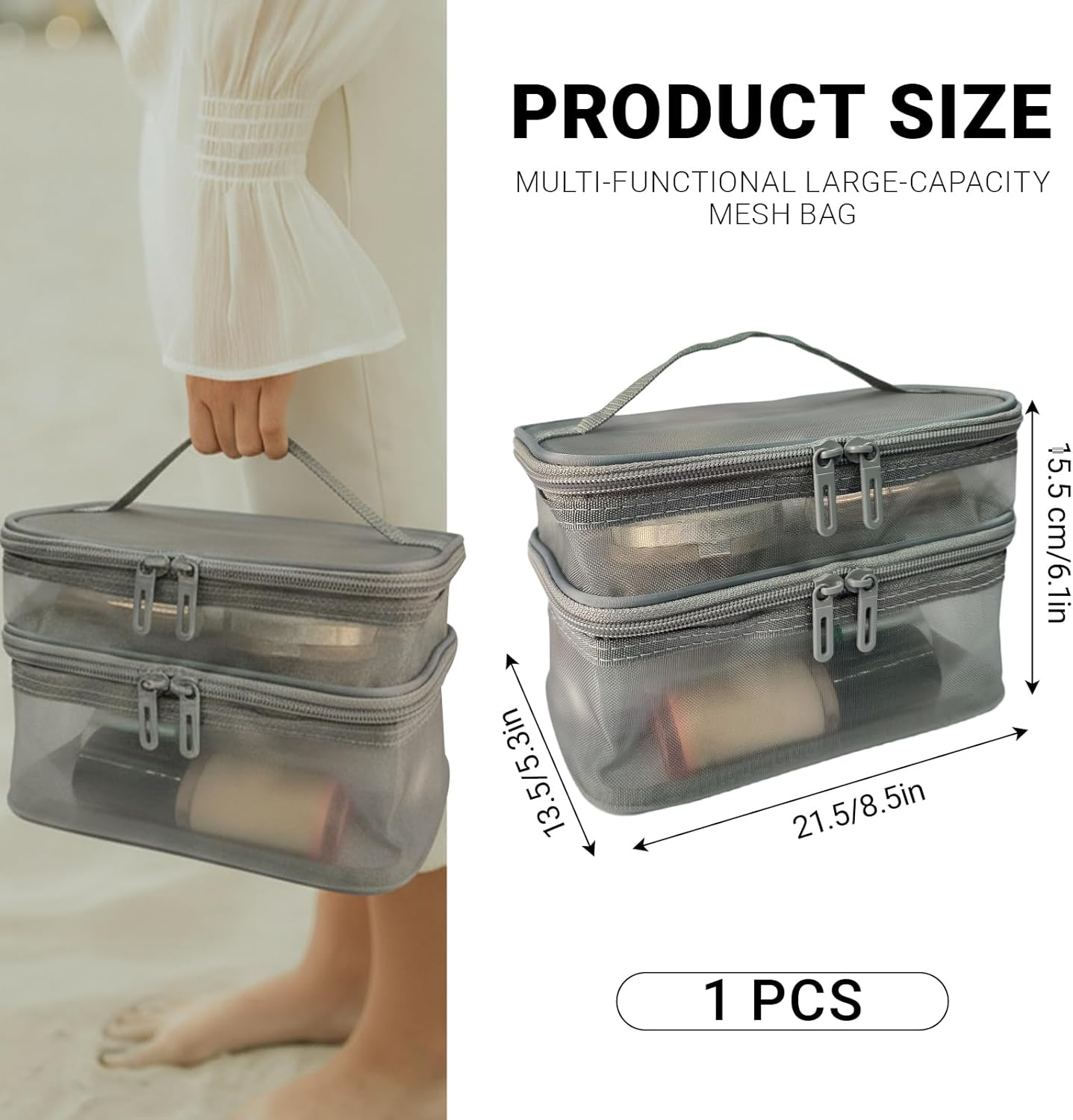 Double Layer Makeup Bag, Mesh Cosmetic Bag with Handle, Double Zipper Beauty Make up Bag, 2 Compartment Toiletries Storage Bag, Portable Travel Cosmetic Case Organizer for Women Girls, Gray - Black image number 6