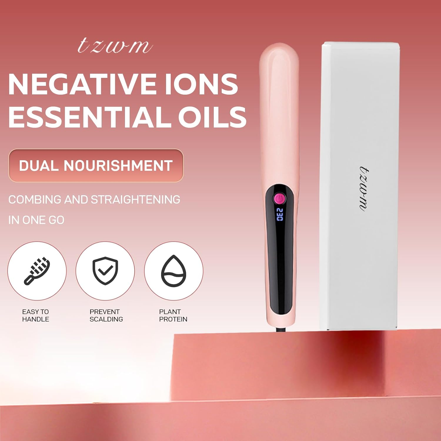Anion Hair Straightener Brush Hair Iron with Built-In Comb 1 Minute Heating to 180&deg;C 180&deg;C/200&deg;C/230&deg;C3 Constant Temperature Mode Anti-Burn Design (Pink) image number 3