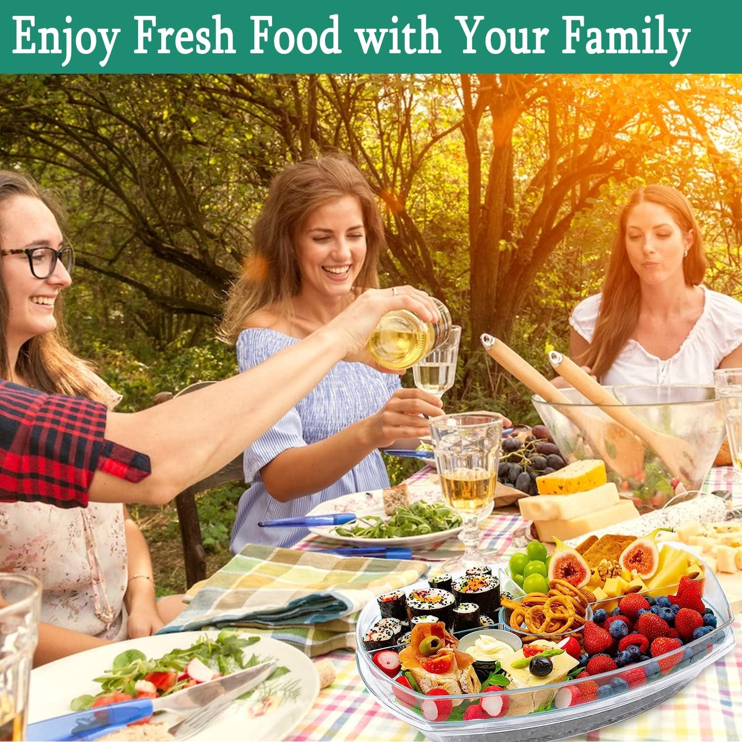 Divided Serving Tray with Lid, Large Serving Platter on Ice Serving Trays for Party with 3 Compartments and Dipping Bowl, Veggie, Fruit, Cheese, Salad, Sushi, Appetizer Trays for Serving Food image number 1