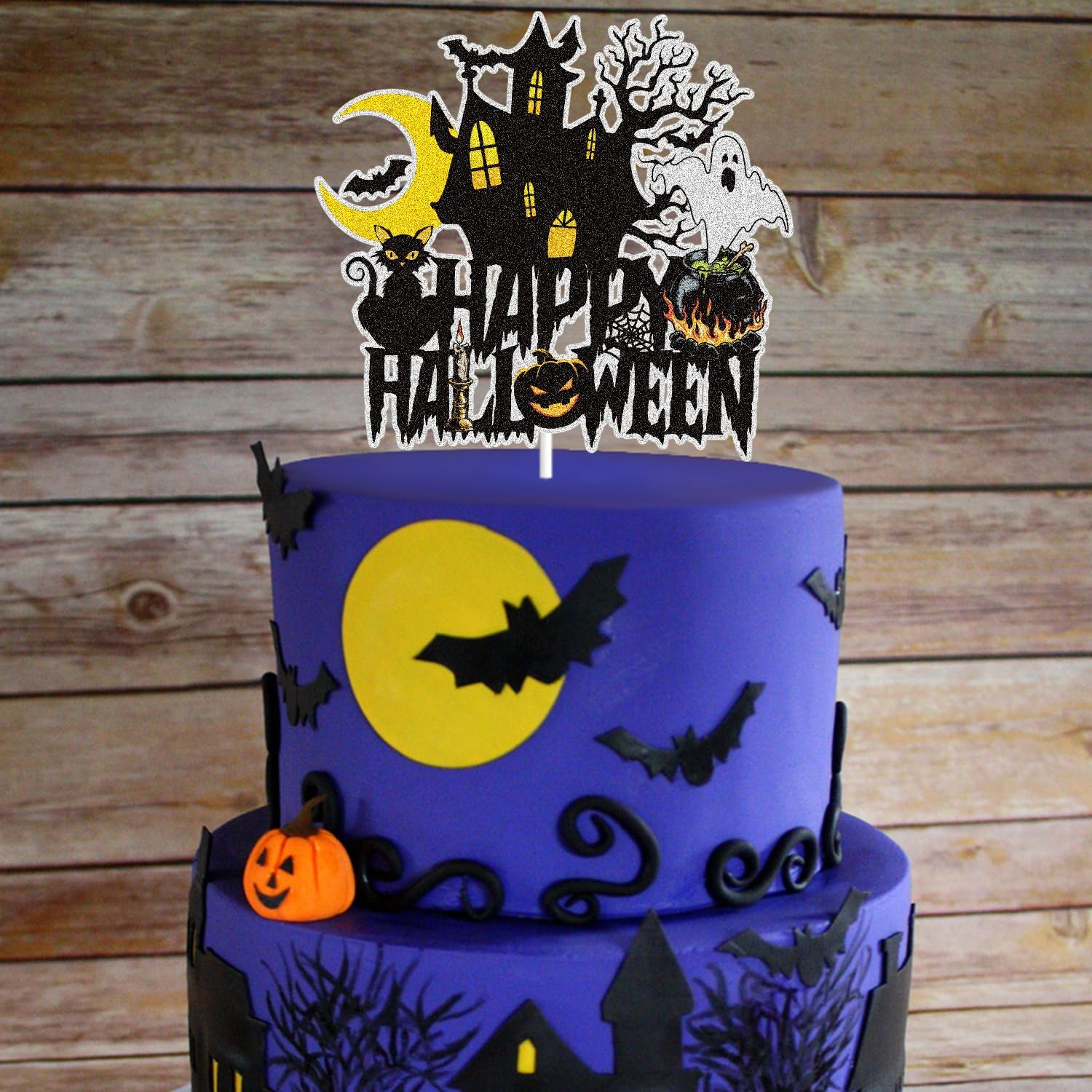 Happy Halloween Cake Topper Halloween Holiday Decorations Black Glitter Ghost House Pumpkin Moon Bat Themed Halloween Party Decoration Supplies image number 6