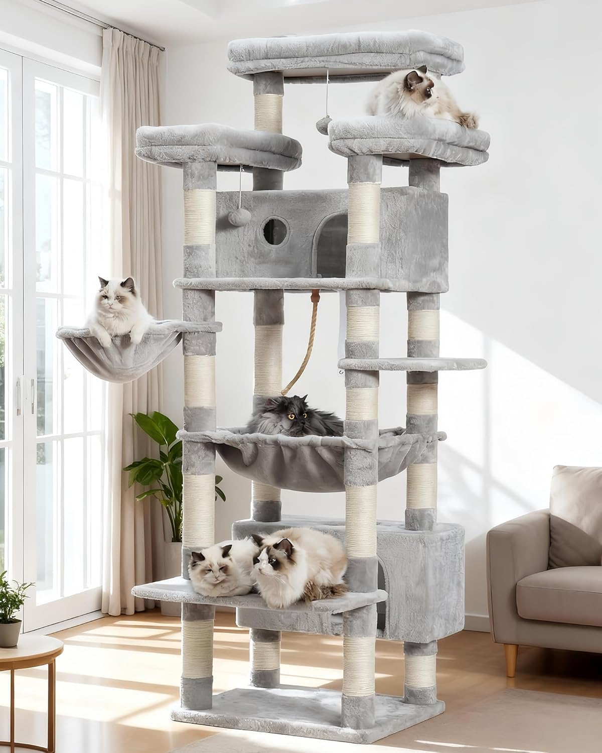 Cat Tree for Indoor Cats Large Adult, 188Cm Cat Tower for with 3 Big Platforms, 2 Baskets, 2 Condos, Multi-Level Cat Scratching Posts, Black and Red GCT030BR