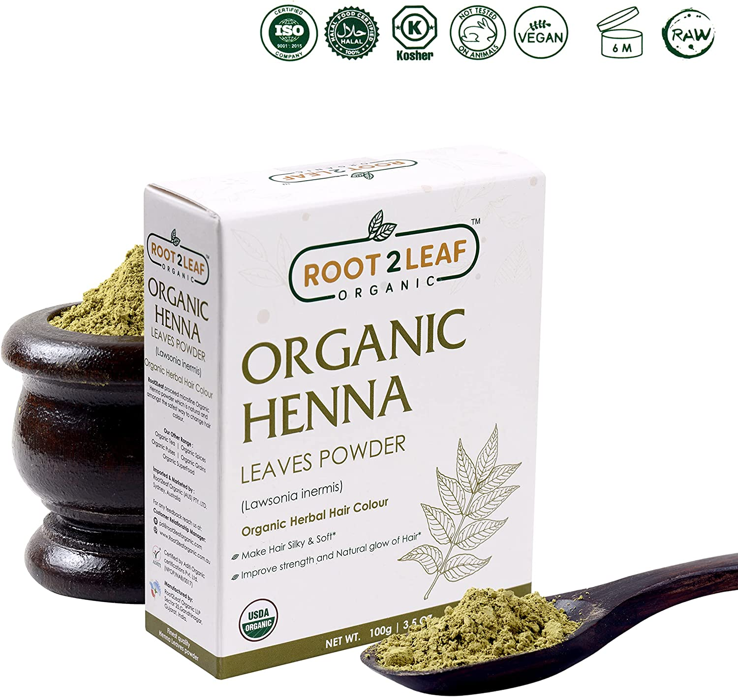 Root2Leaf Organic Pack of 2 Henna Leaf & Indigo Powder for Natural Hair Color and Repairs Damage Hair for Men and Women (100 Gms) image number 2