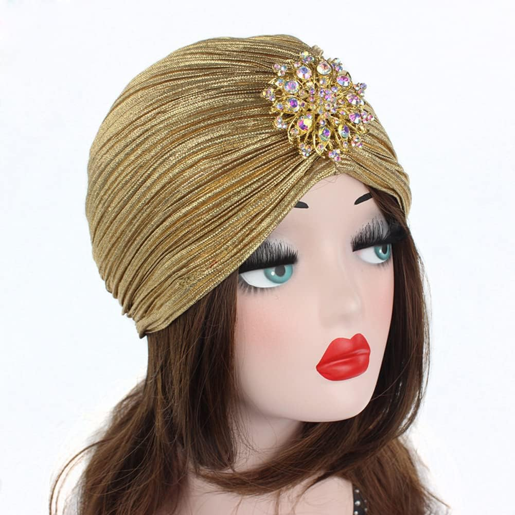 Women Vintage Turban Hat with Rhinestones Flower Decoration Beanie Cap Headwrap for 1920S Gatsby Costume Cocktail Party - Black image number 6