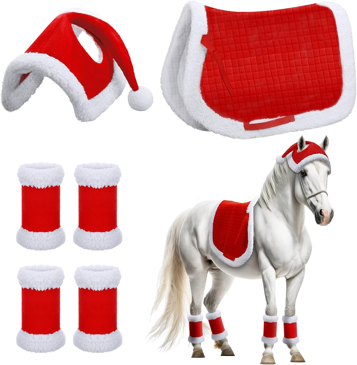 Abbylike 6 Pcs Christmas Holiday Santa Leg Wraps with Faux Fur Trim Holiday Santa Horse Hat All Purpose Santa Saddle Pad for Christmas Horse Costume Accessories image number 3