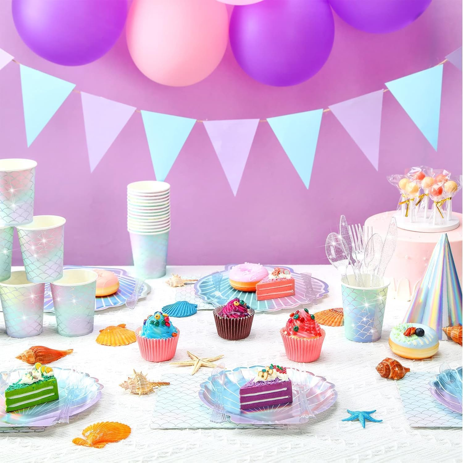 144 Pcs Mermaid Themed Decorations under the Sea Tableware Set - Includes Plates, Spoons, Forks for Birthday and Theme Party (Classic Style) image number 1