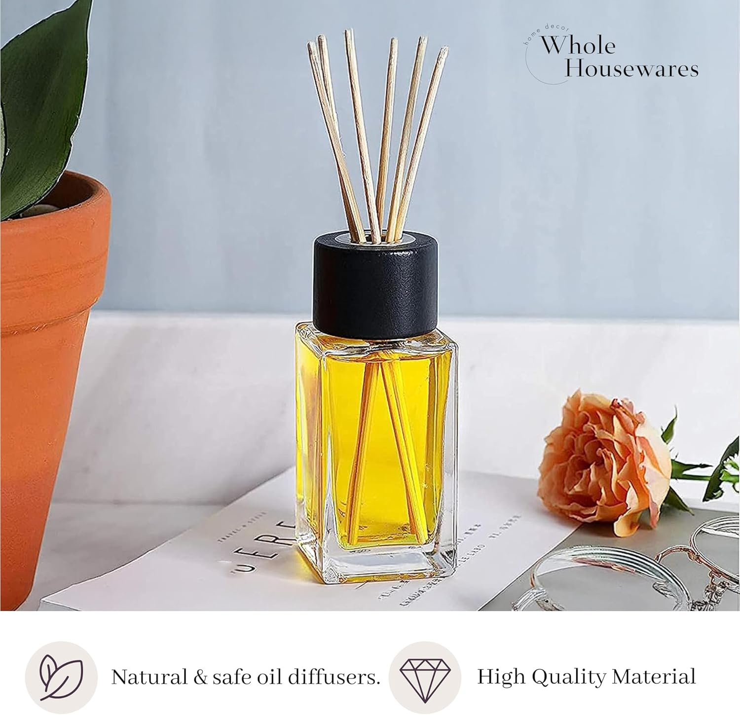 Whole Housewares 100ML 3.4Ounce Clear Glass Diffuser Bottles with 24Pcs Natural Reed Sticks, 4.7" H Square Diffuser Bottle with Black Wood Caps, Set of 4