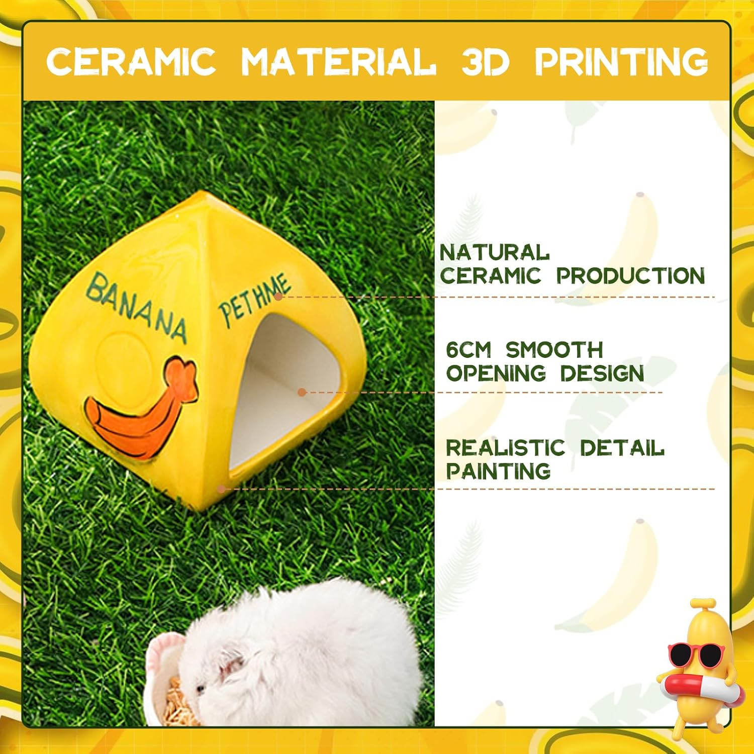 SUSOO Large Ceramic Hamster Hideout with Cute Banana Design, Four Seasons Universal Hamster House for Small Animals, Easy to Clean Guinea Pig Hide Bed for Hamster Cage Accessories and Dwarf Toys image number 6