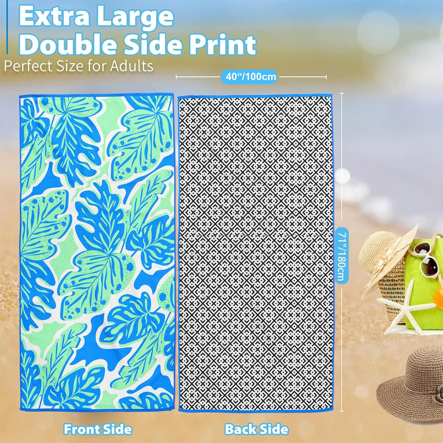 Microfiber Beach Towel, Quick Dry Travel Towel Large Sand Free Towel for Beach, Camping, Swim Pool, Gym, Sports& Yoga180Cm X100Cm (Blue Leaves) image number 2