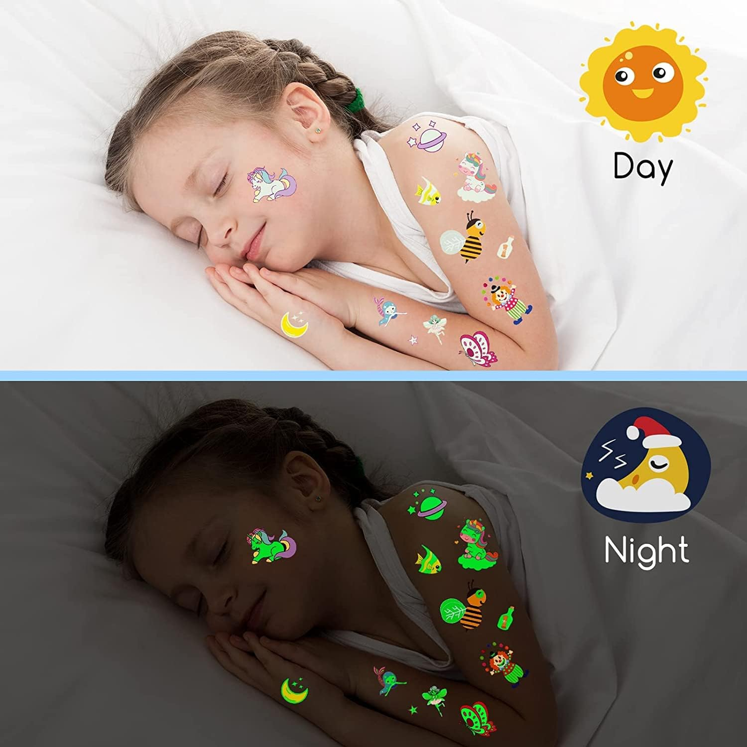 Temporary Tattoos for Kids, 260Pcs Glow in the Dark Mixed Style Cartoon Tattoo, Luminous Unicorn Mermaid Butterfly Animal Dinosaur Pirate Car Space Fake Tattoo, Boys Girls Party Favor Supplies