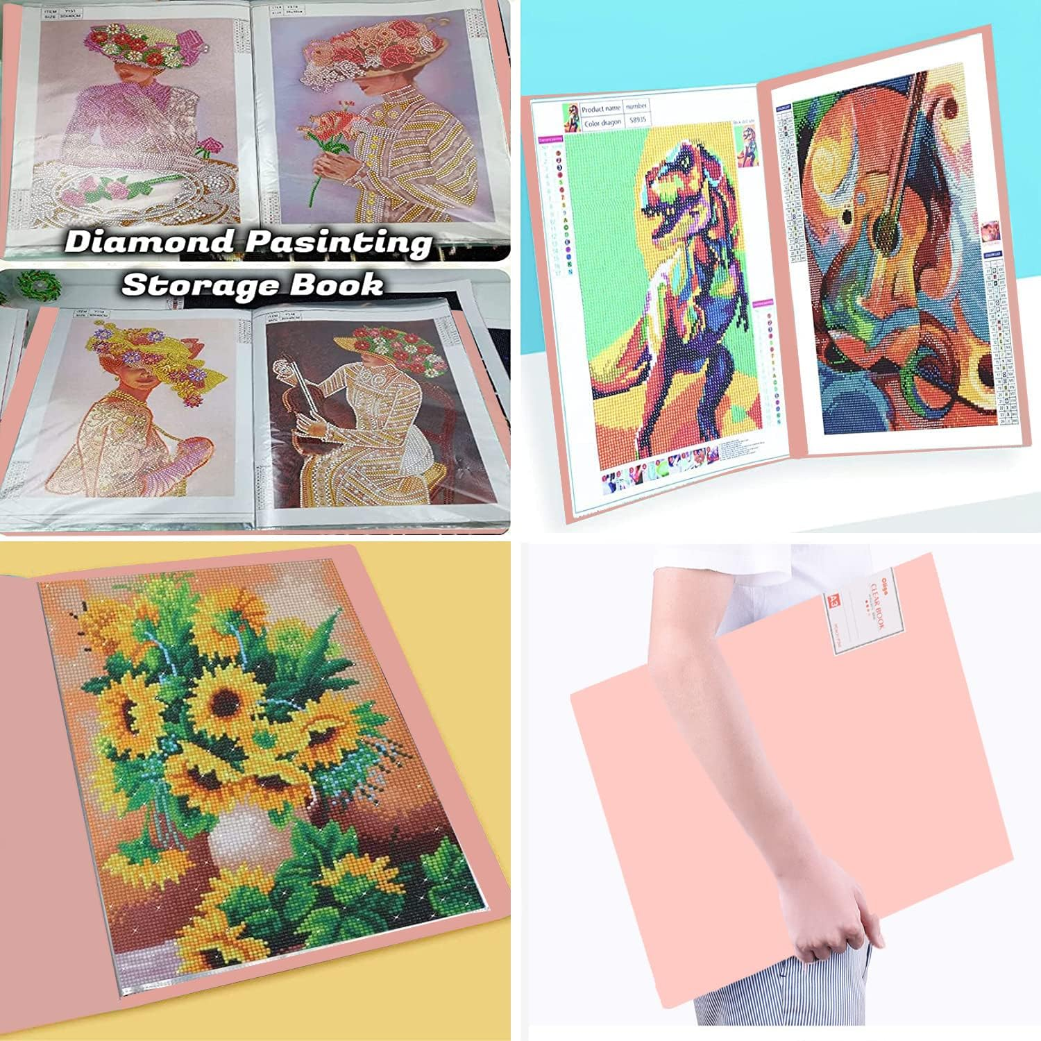 2Pcs A3 Diamond Art Painting Storage Book, Diamond Art Portfolio Folder with 30 Pags Clear Pocket Slevees Protectors, A3 Storage Book with Handle,Large Artwork Report Sheet Letter Poster Storage Bag - Green,Transparent image number 5