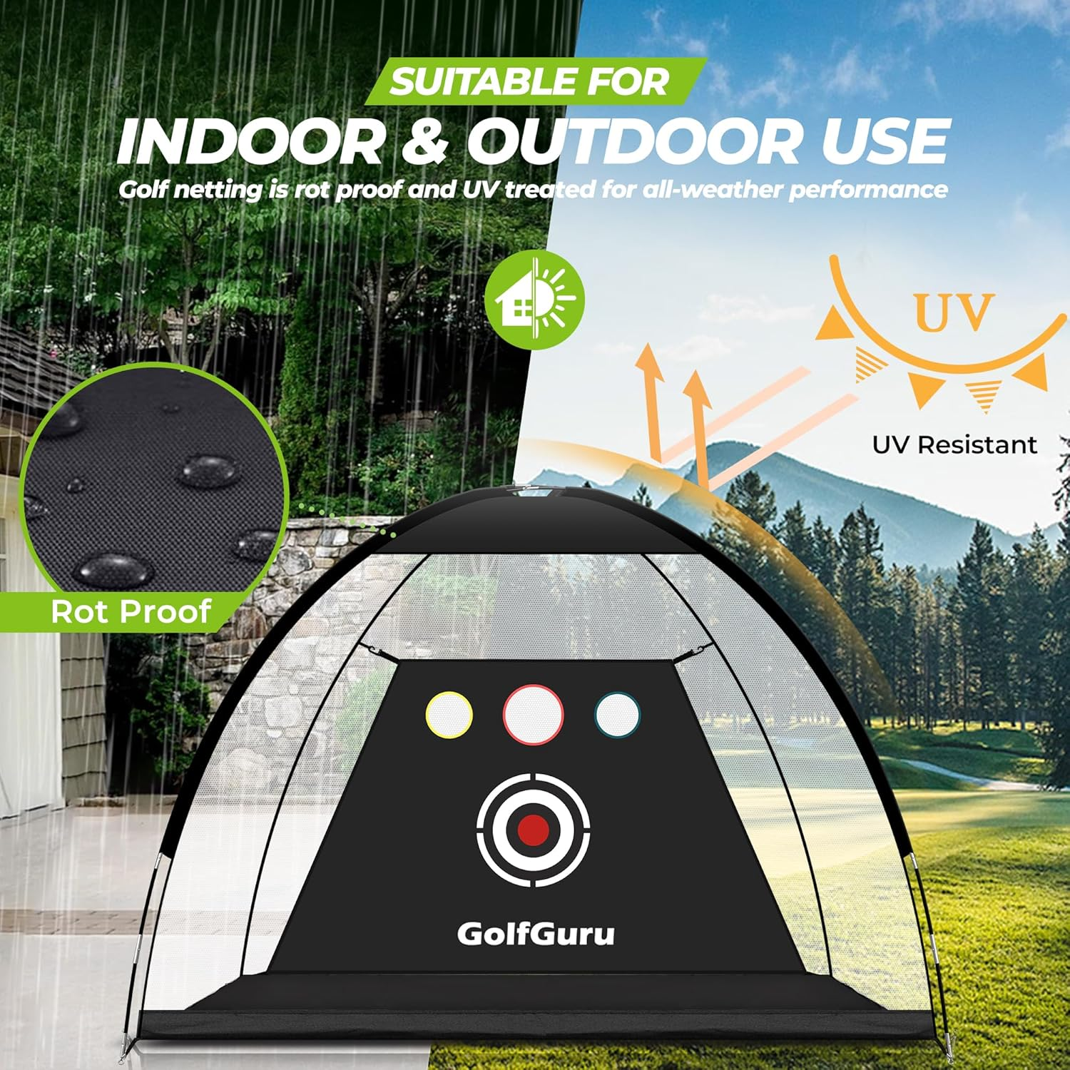 Golfguru All-In-1 Golf Practice Net, 10X7Ft with XL Tri-Turf Mat, Impact Target, 10 Balls, 9 Tees, Carry Bag - for Backyard Driving Chipping Indoor