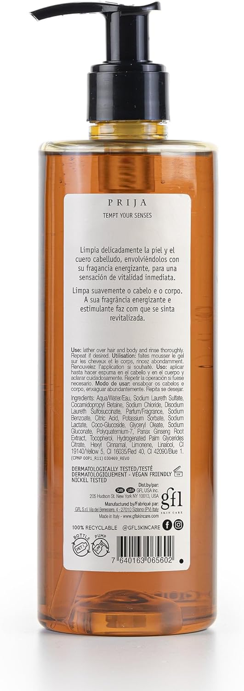 Prija Shower Shampoo - Invigorating Cleanser for Body and Hair with Ginseng - 100% Natural, Vegan Friendly, Dermatologically Tested (Pack of 1)