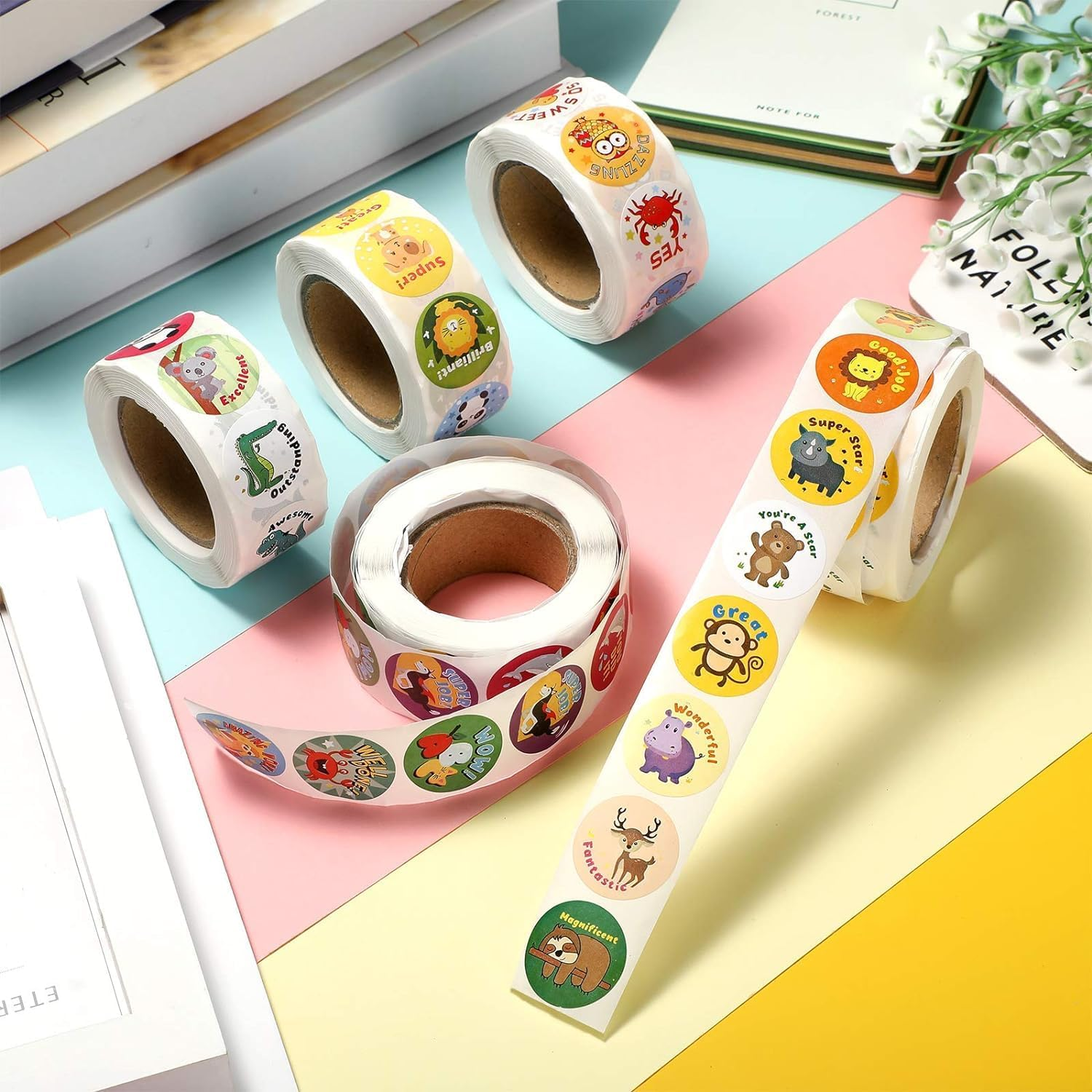 2500 Teacher Bonus Stickers for Children'S School - Animal Cartoon Paper Stickers 1 Inch - 5 Rolls 40 Labels image number 3