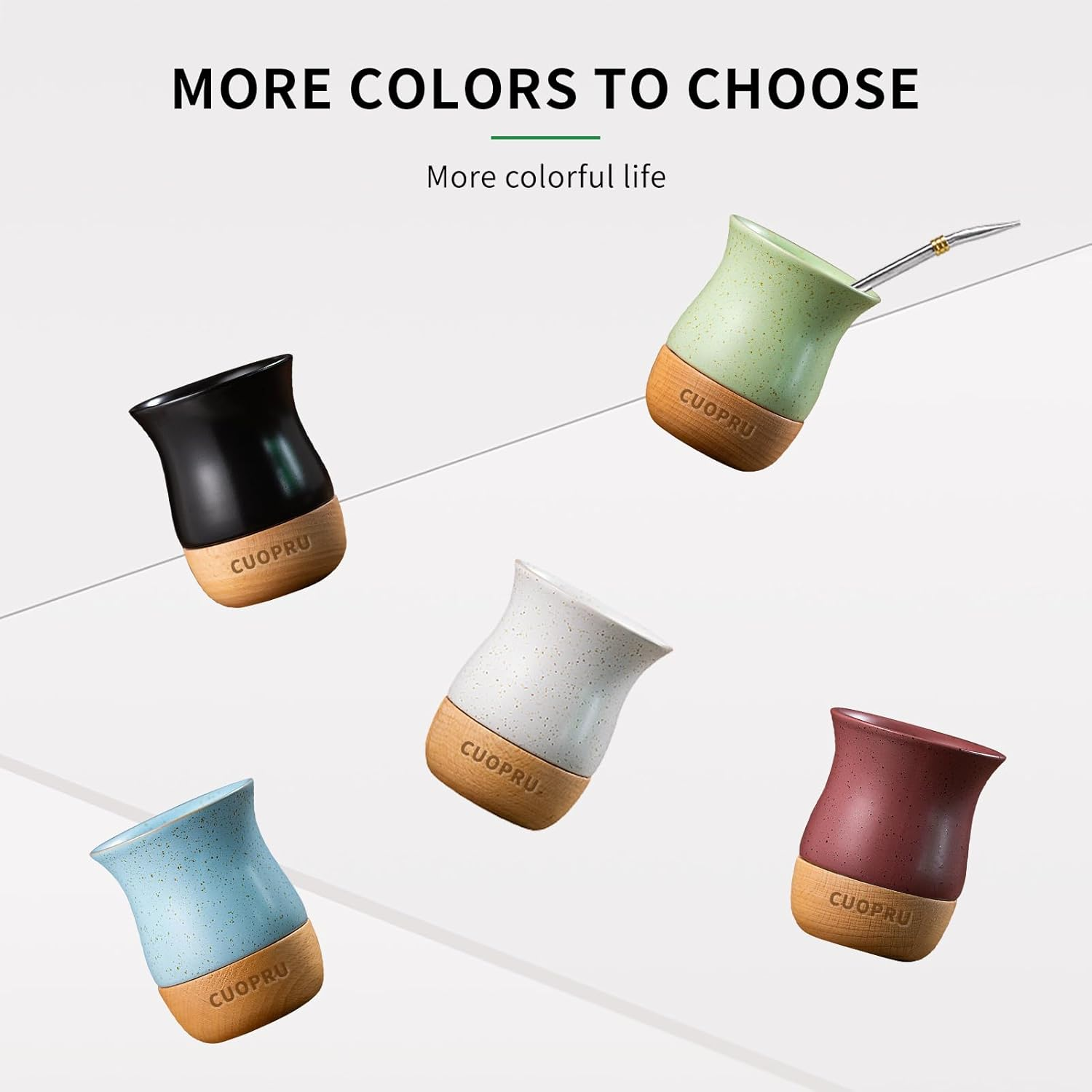 8 OZ Ceramic Yerba Mate Cup with Original Wood Base, Includes Mate Gourd, Bombilla Straw and Cleaning Brush - Perfect for Traditional Yerba Mate and Modern Style Drinking Mug (White) image number 2