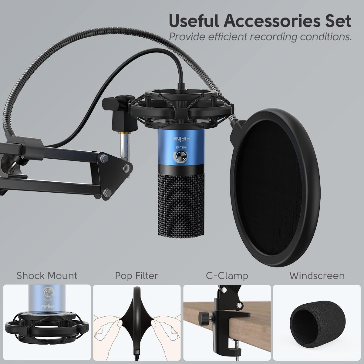 FIFINE USB Recording PC Microphone Kit, Computer Condenser Cardioid Mic on Mac Windows PS4/PS5, for Streaming, Podcasting, Gaming, Video, Home Use, with Gain Knob, Arm Stand-T669 Blue image number 1