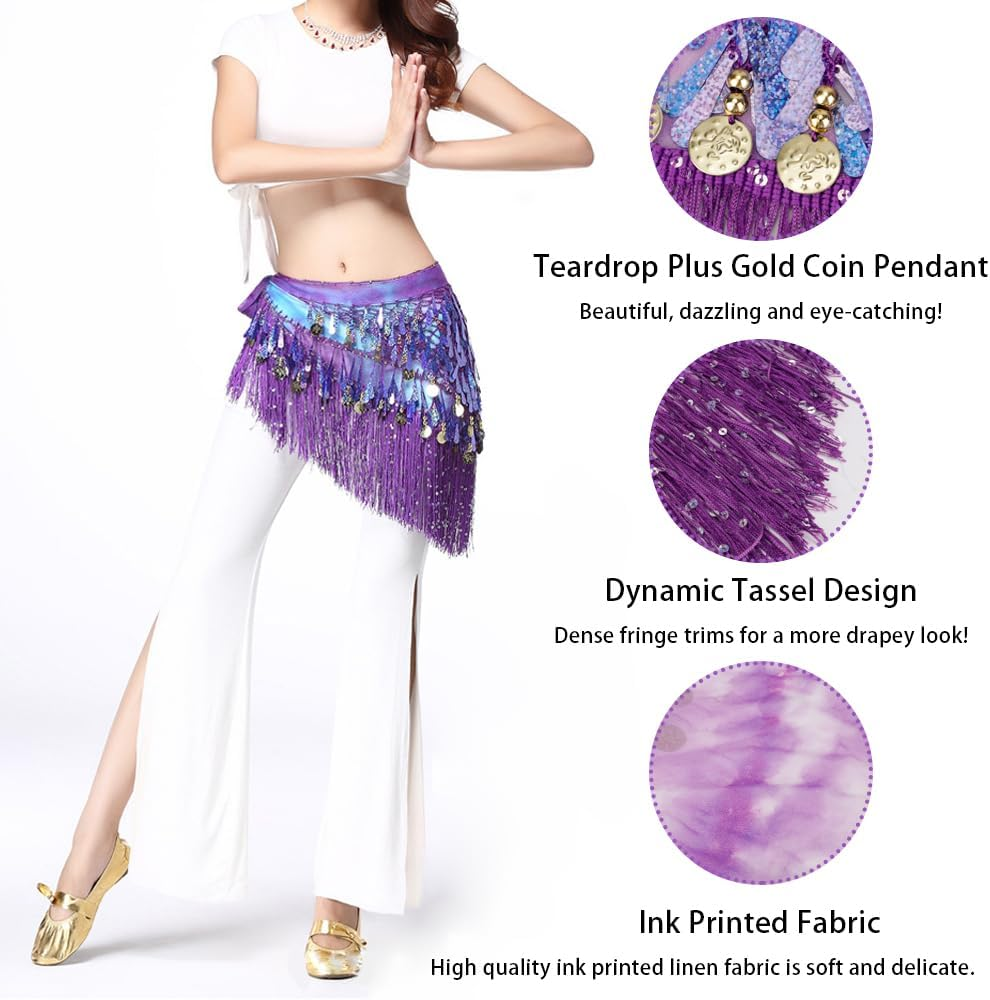 LZYMSZ Belly Dance Hip Scarfs,Girls/Women'S Wave Shape Skirts Wrap with Sequin,Purple Chiffon Tassel Skirt Waist Costume Belt for Festival Club Summer Beach Dance image number 6
