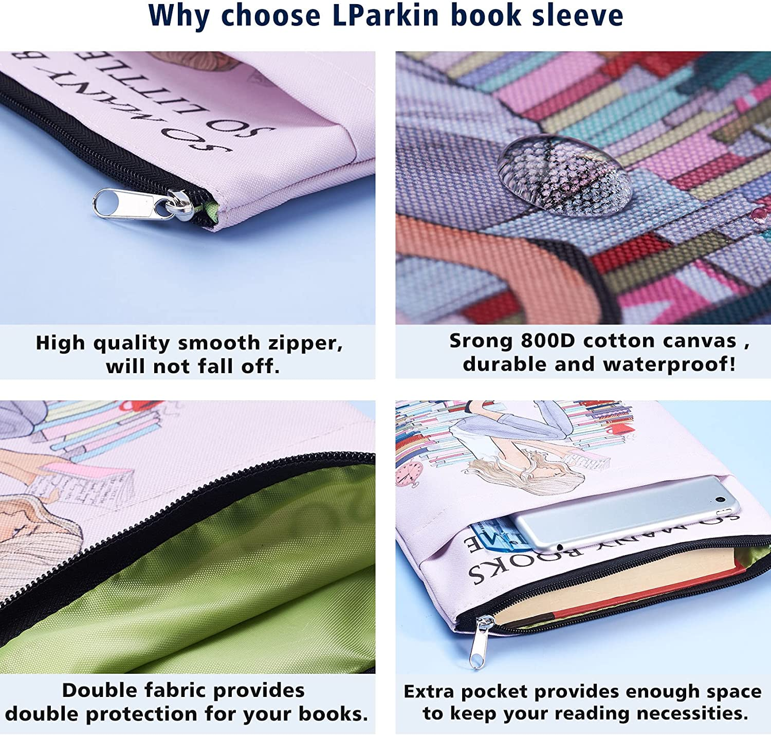 So Many Books so Little Time Book Sleeve with Zipper, Book Covers for Paperbacks, 11 X 8.5 Inch, Bookish Girl