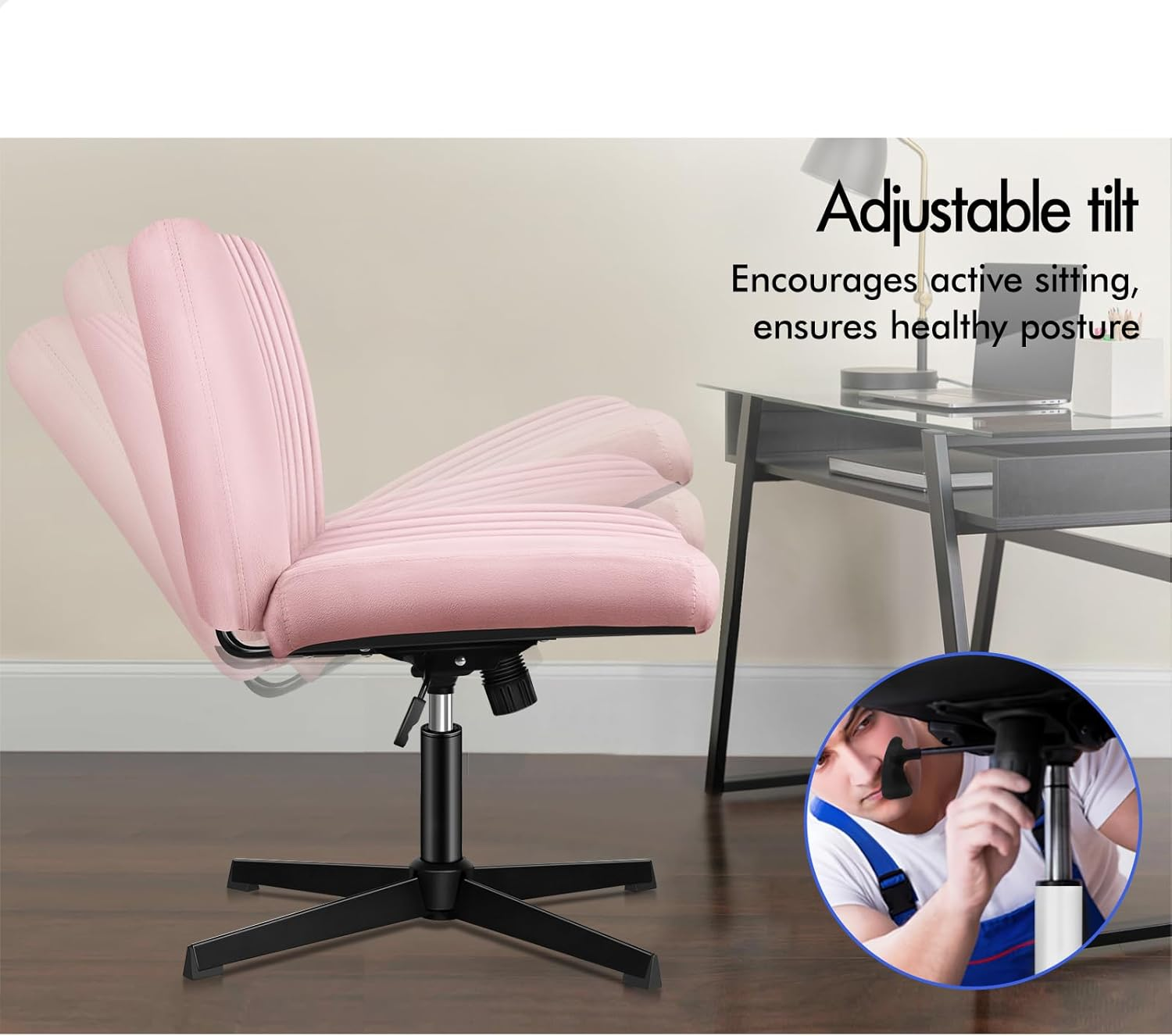 ALFORDSON Armless Criss-Cross Desk Chair with Ottoman Stool, Ergonomic Cross Leg Office Chair with Channel-Tufted Mid-Back Design, Tilt & Height Adjust and Swivel, 180Kg Max, Xavi Velvet Pink image number 6